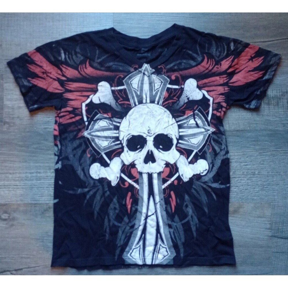 BUCKLE BLACK 2000s Cyber Grunge Skull Cross Bones Tee T-shirt Men's Small‎ SFX